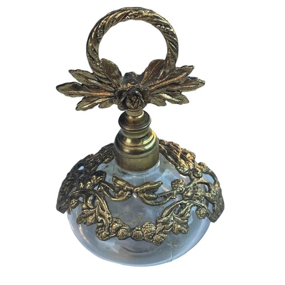 Vintage Ornate Brass & Glass Perfume Bottle With Floral Design - Picture 1 of 6